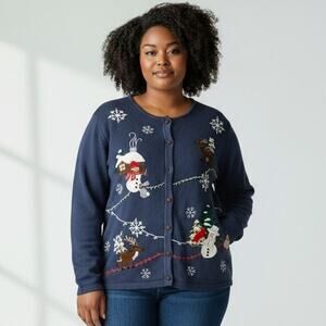 Vintage Bechamel Not Ugly Christmas Cardigan Sweater Blue Snowmen Reindeer 2XL
